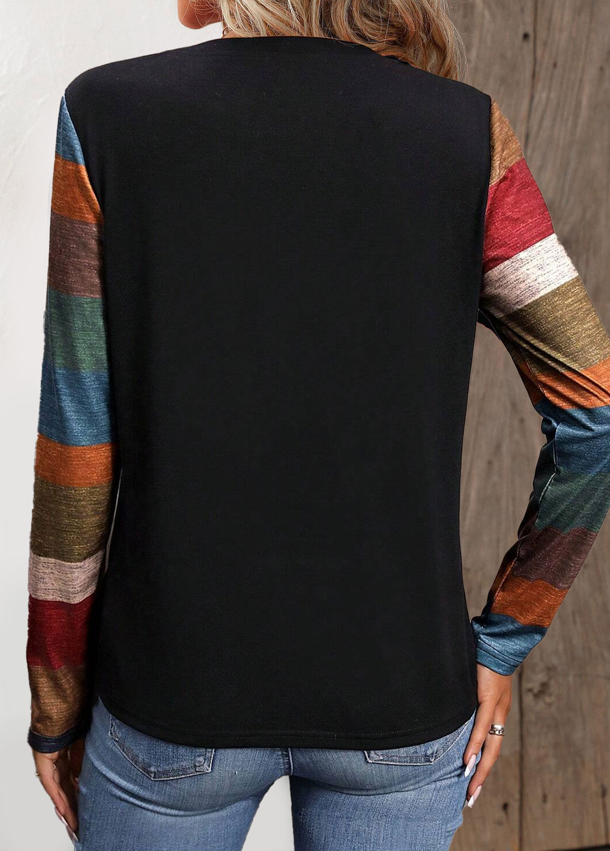 Pocket Black Long Sleeve Split Neck T Shirt