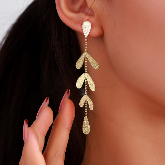 Gold Leaf Design Long Alloy Earrings