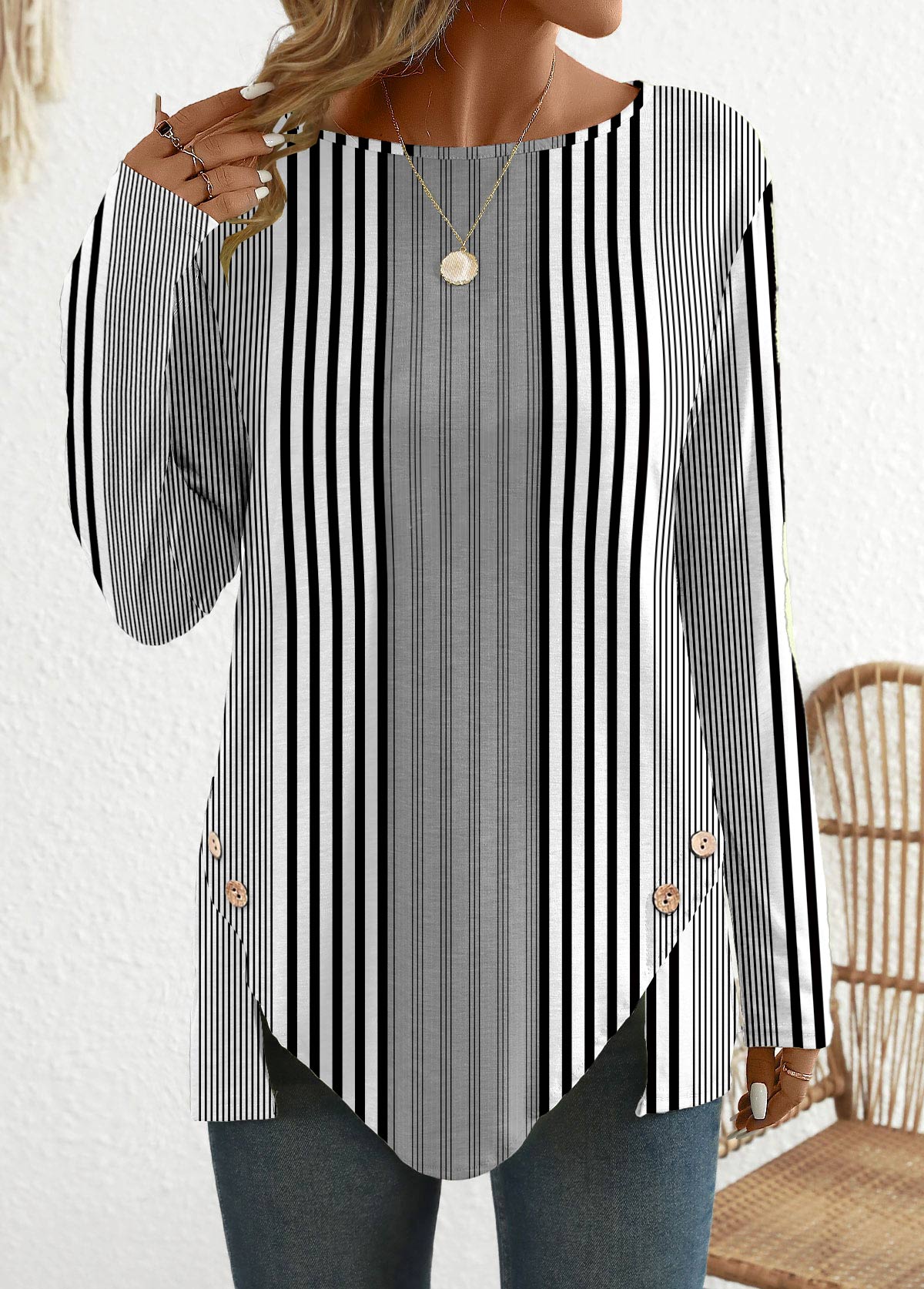 Striped Patchwork Black Long Sleeve Round Neck T Shirt