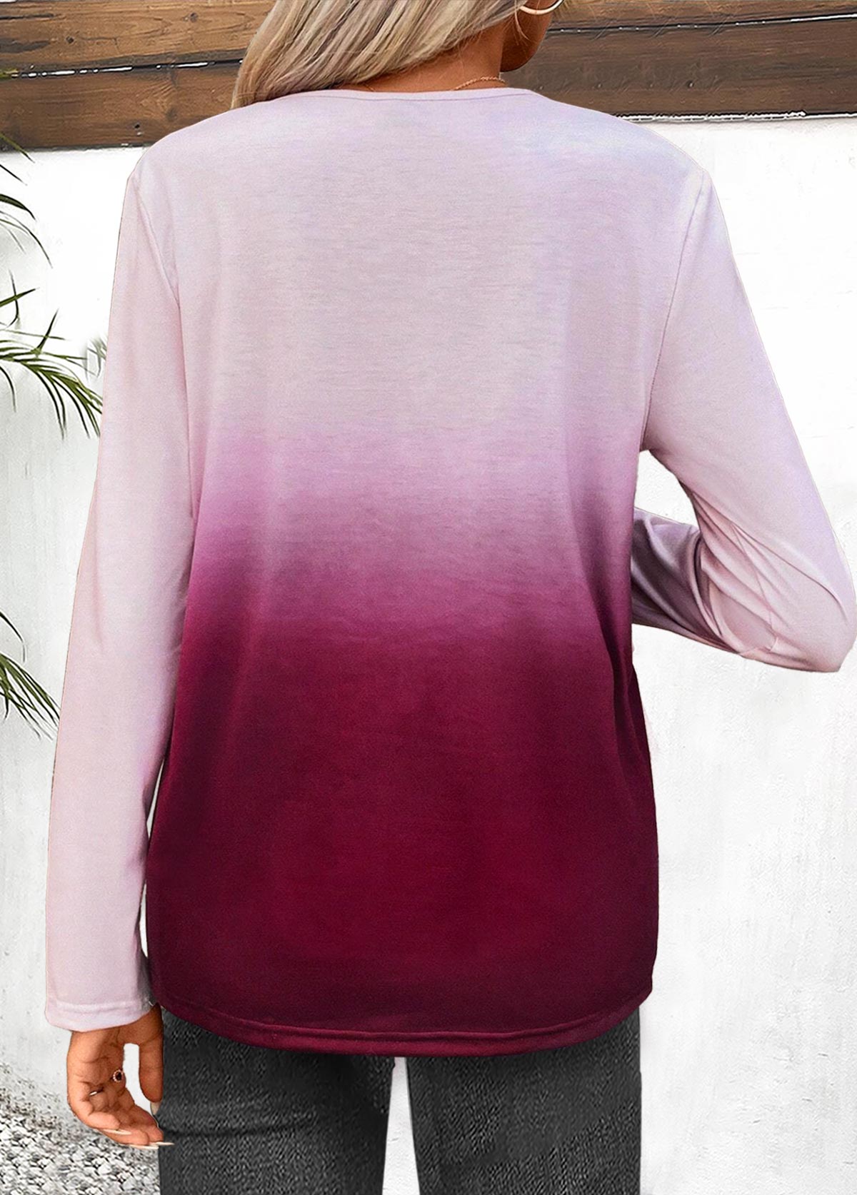 Ombre Button Dark Reddish Purple Long Sleeve T Shirt