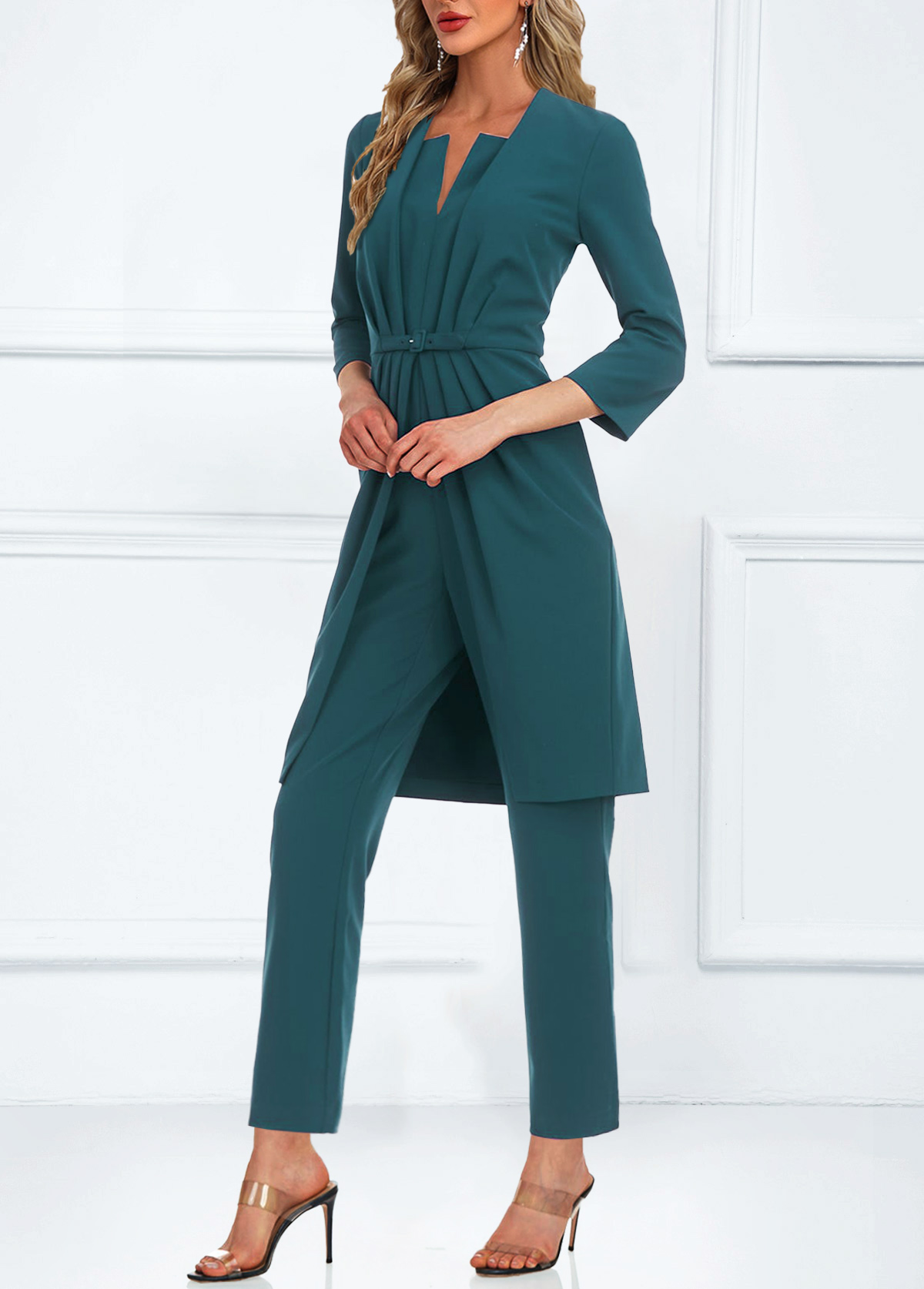 Split Turquoise Pocket Design Ankle Length Jumpsuit