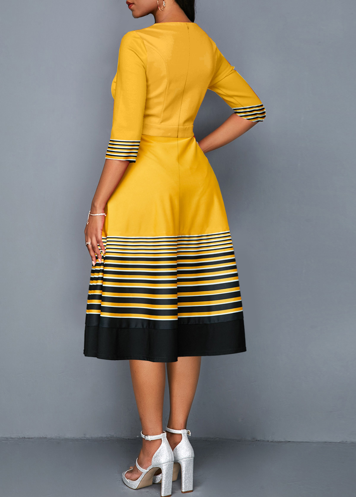 Striped Patchwork Yellow Half Sleeve Round Neck Dress