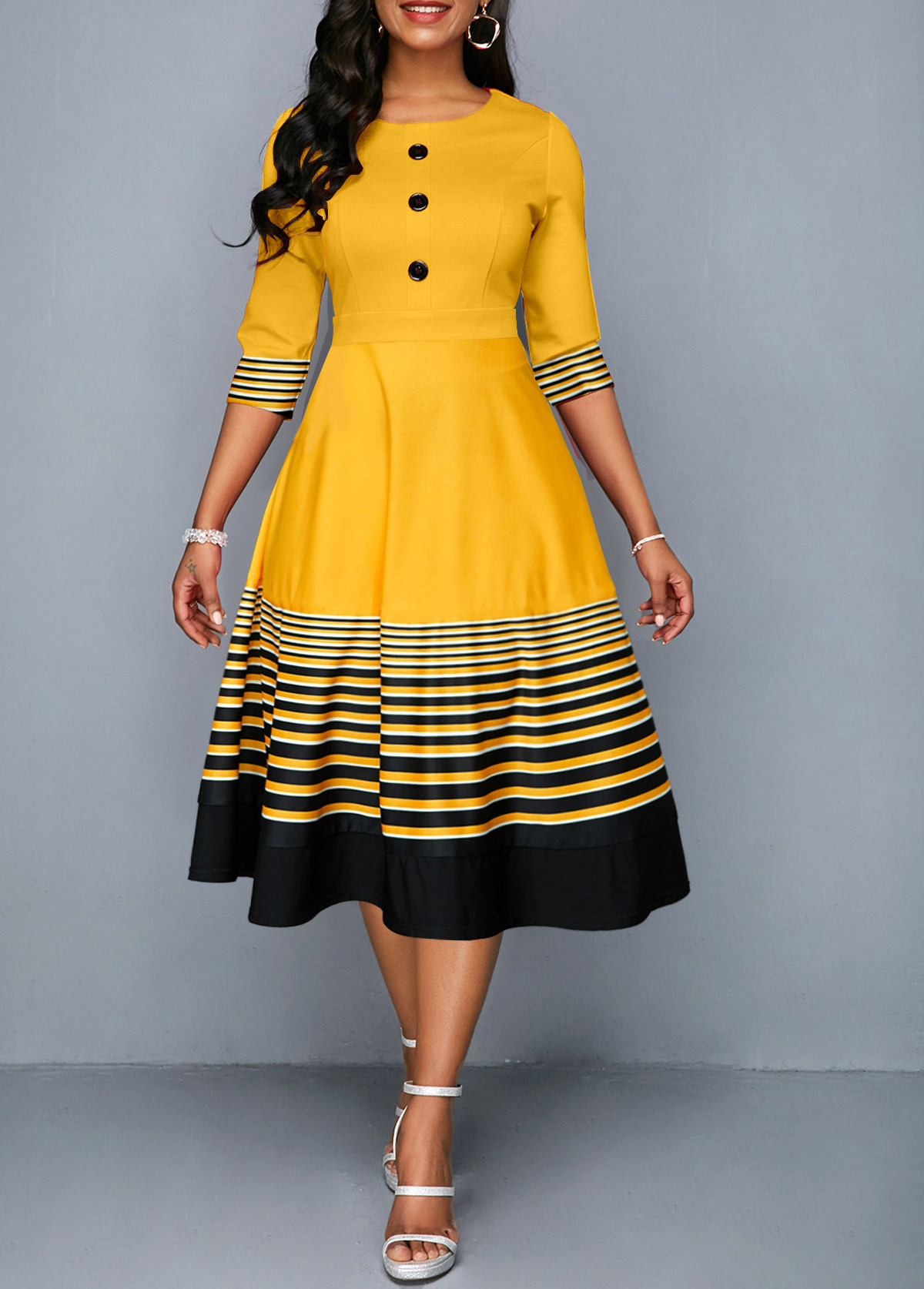 Striped Patchwork Yellow Half Sleeve Round Neck Dress