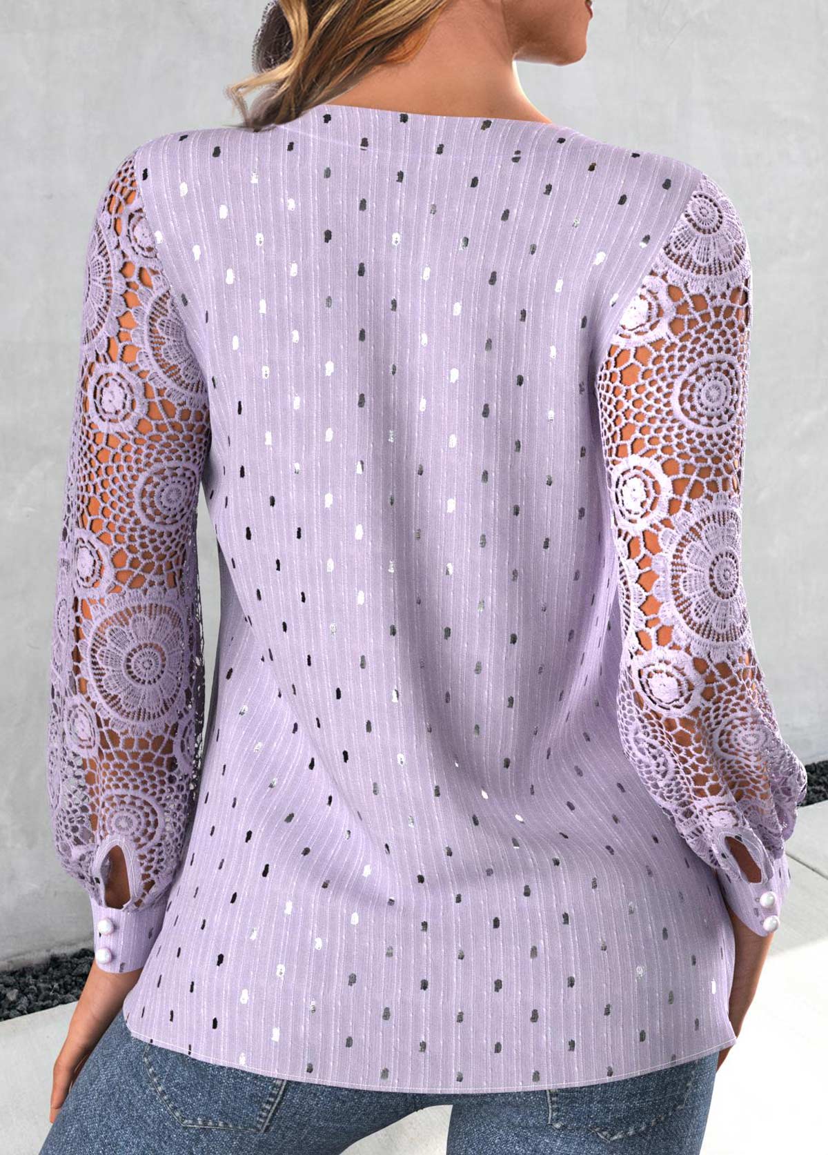Patchwork Light Purple Long Sleeve V Neck Blouse | Rosewe.com - USD $30.58