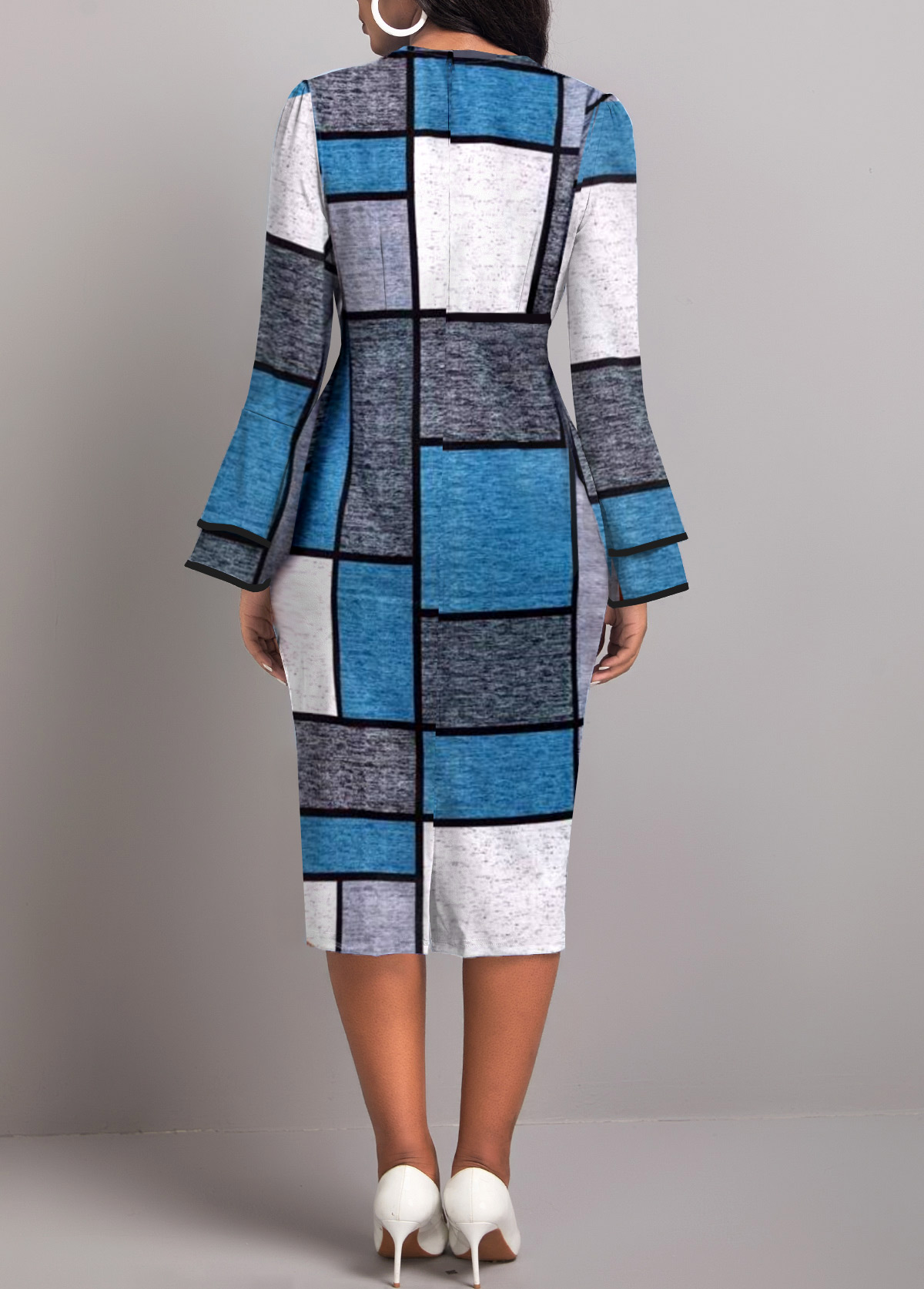 Geometric Print Layered Blue Long Sleeve Dress