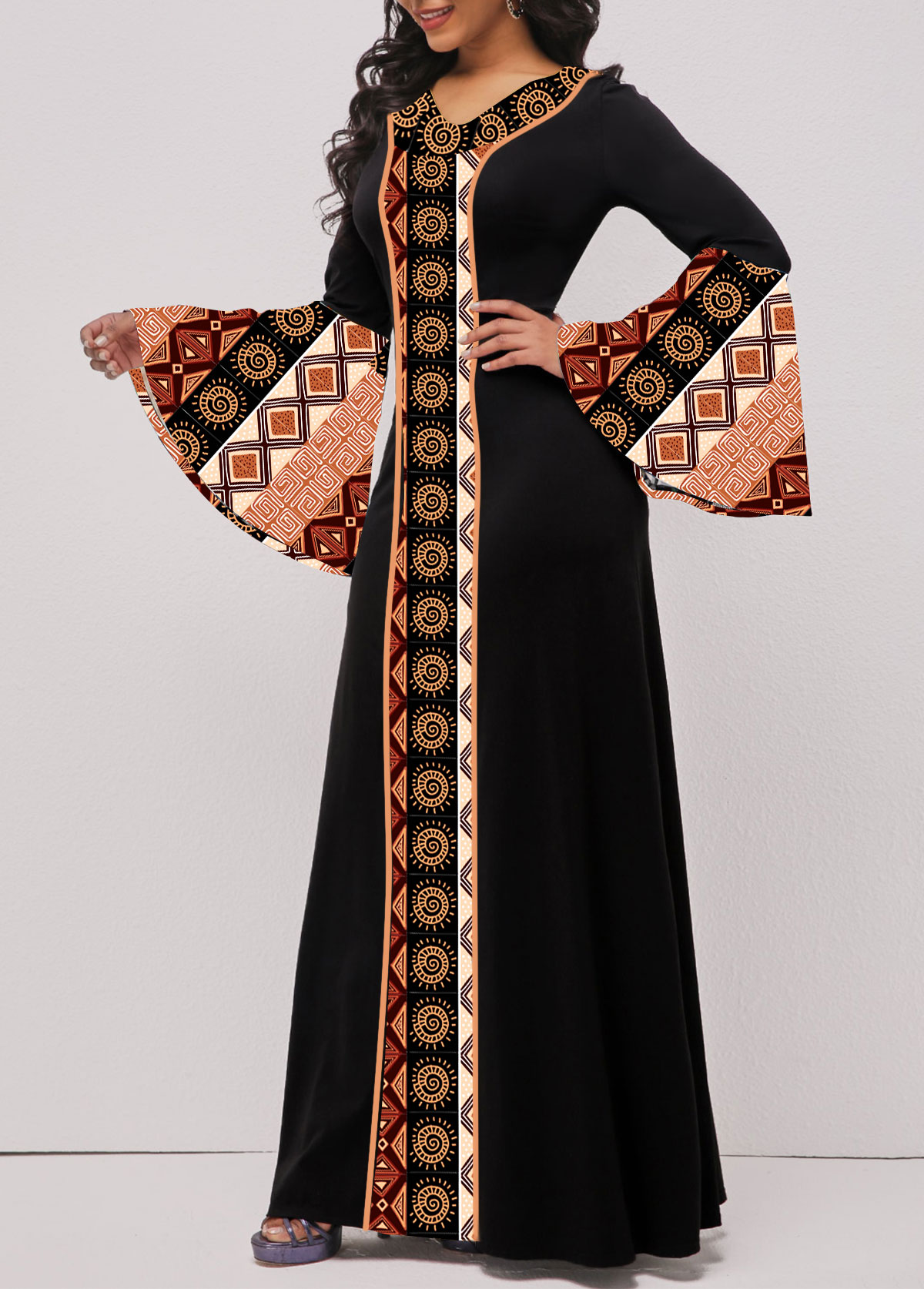 Tribal Print Patchwork Black Long Sleeve Maxi Dress