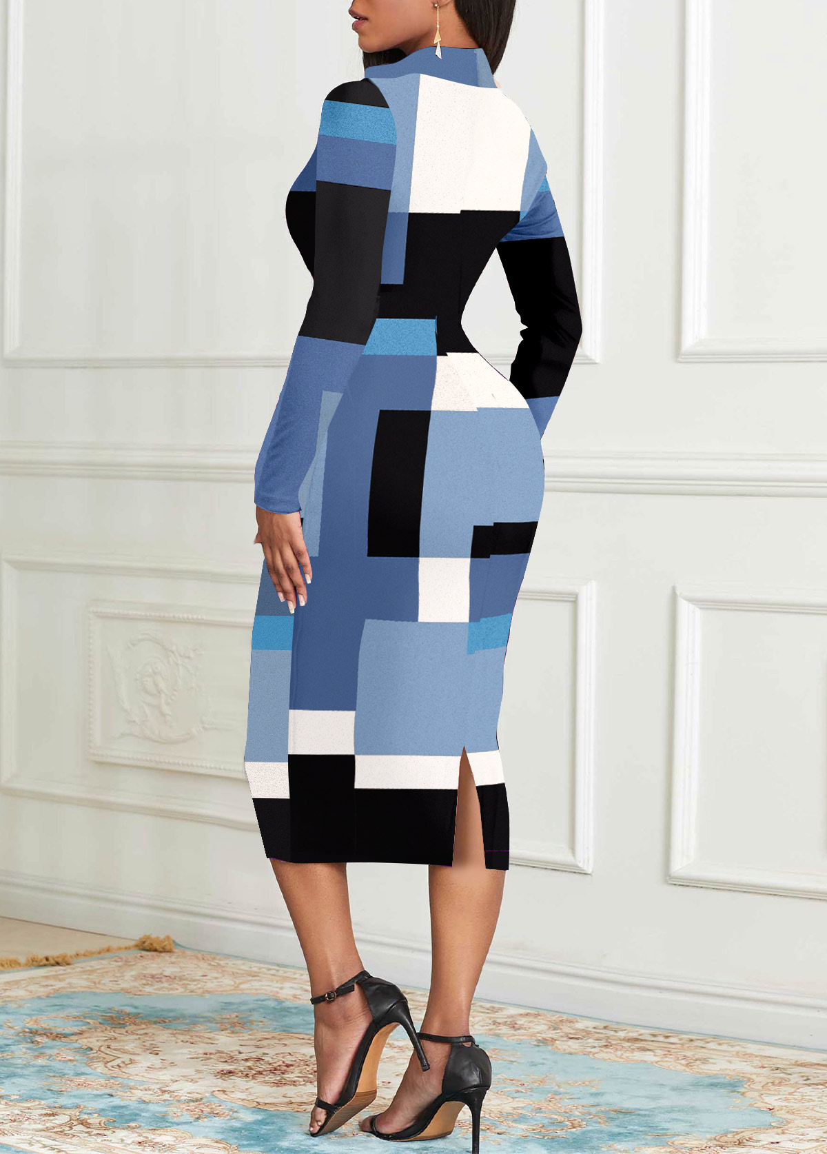 Geometric Print Zipper Light Blue Long Sleeve Dress