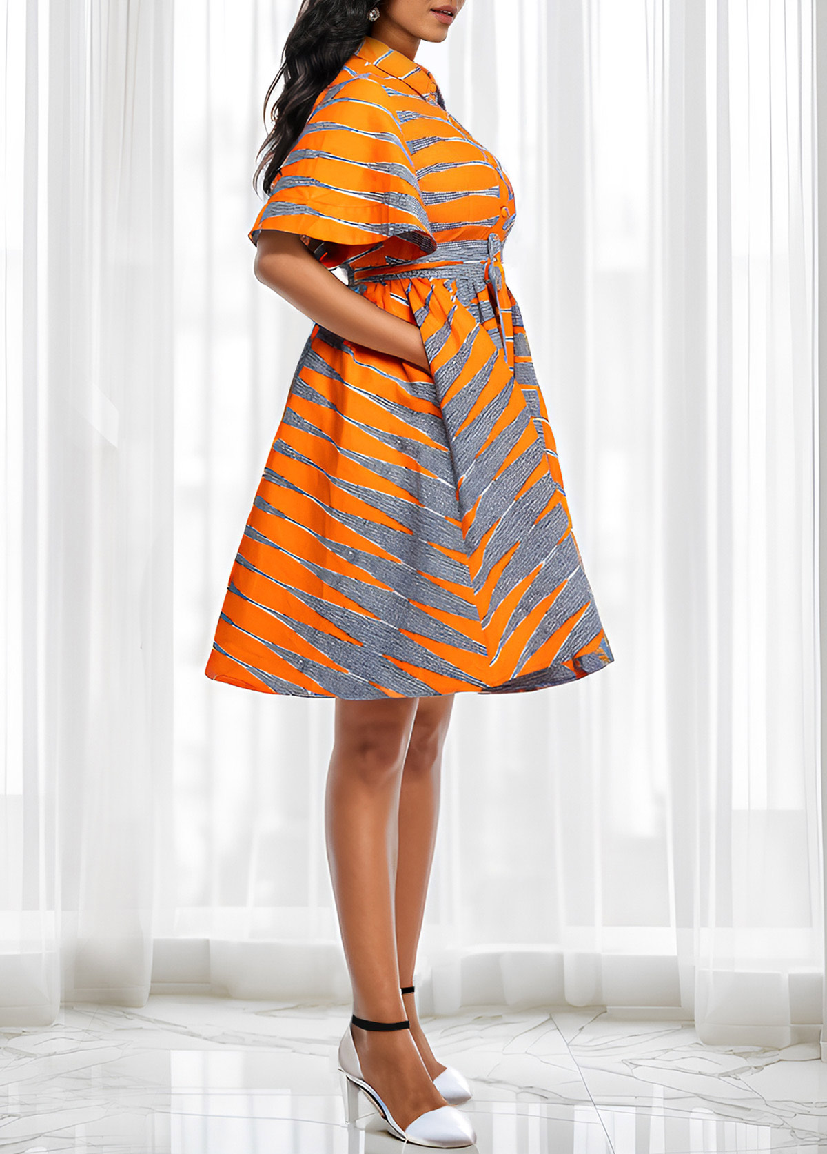 Tribal Print Button Belted Orange Short Sleeve Dress