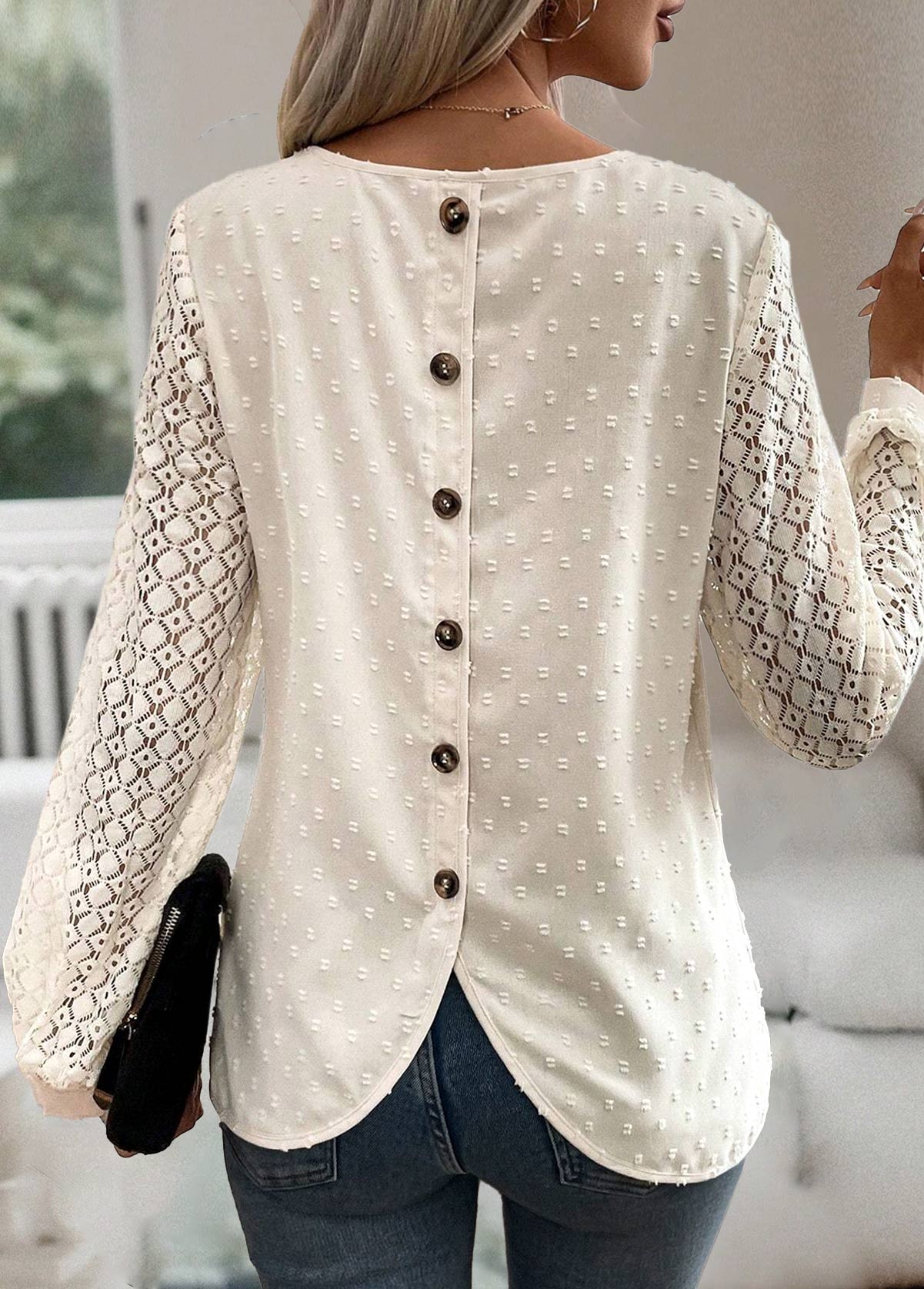 Button Beige Long Sleeve Round Neck Blouse