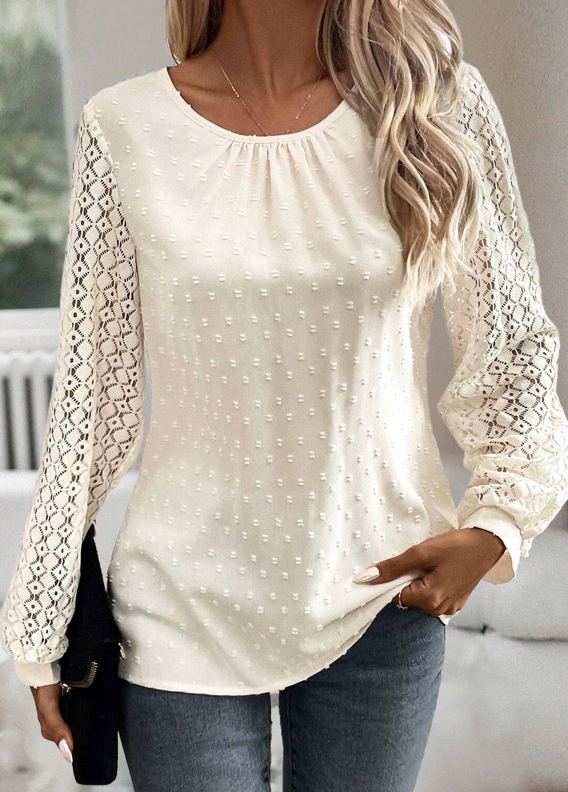 Button Beige Long Sleeve Round Neck Blouse
