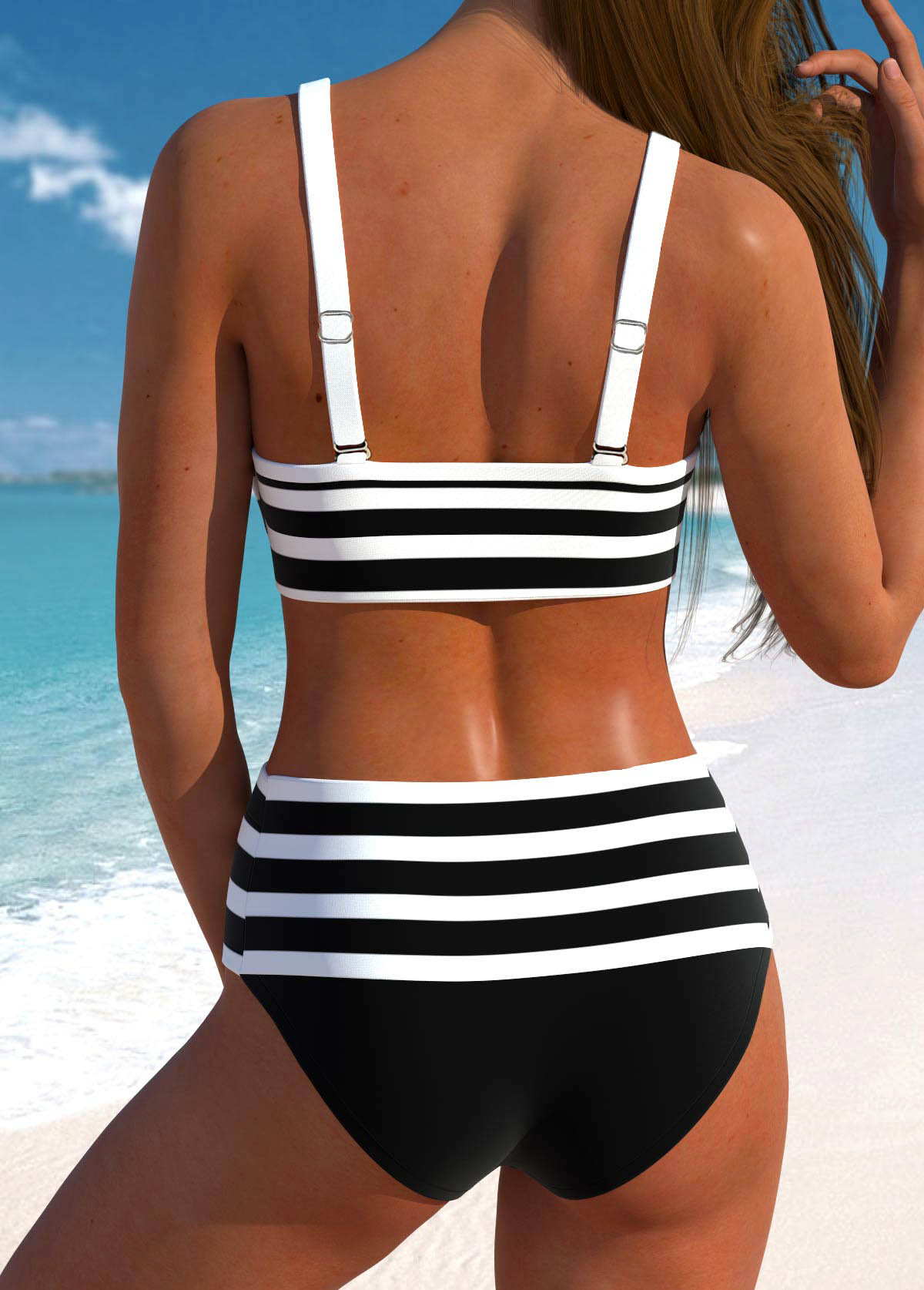 High Waisted Striped Bowknot Black Bikini Set