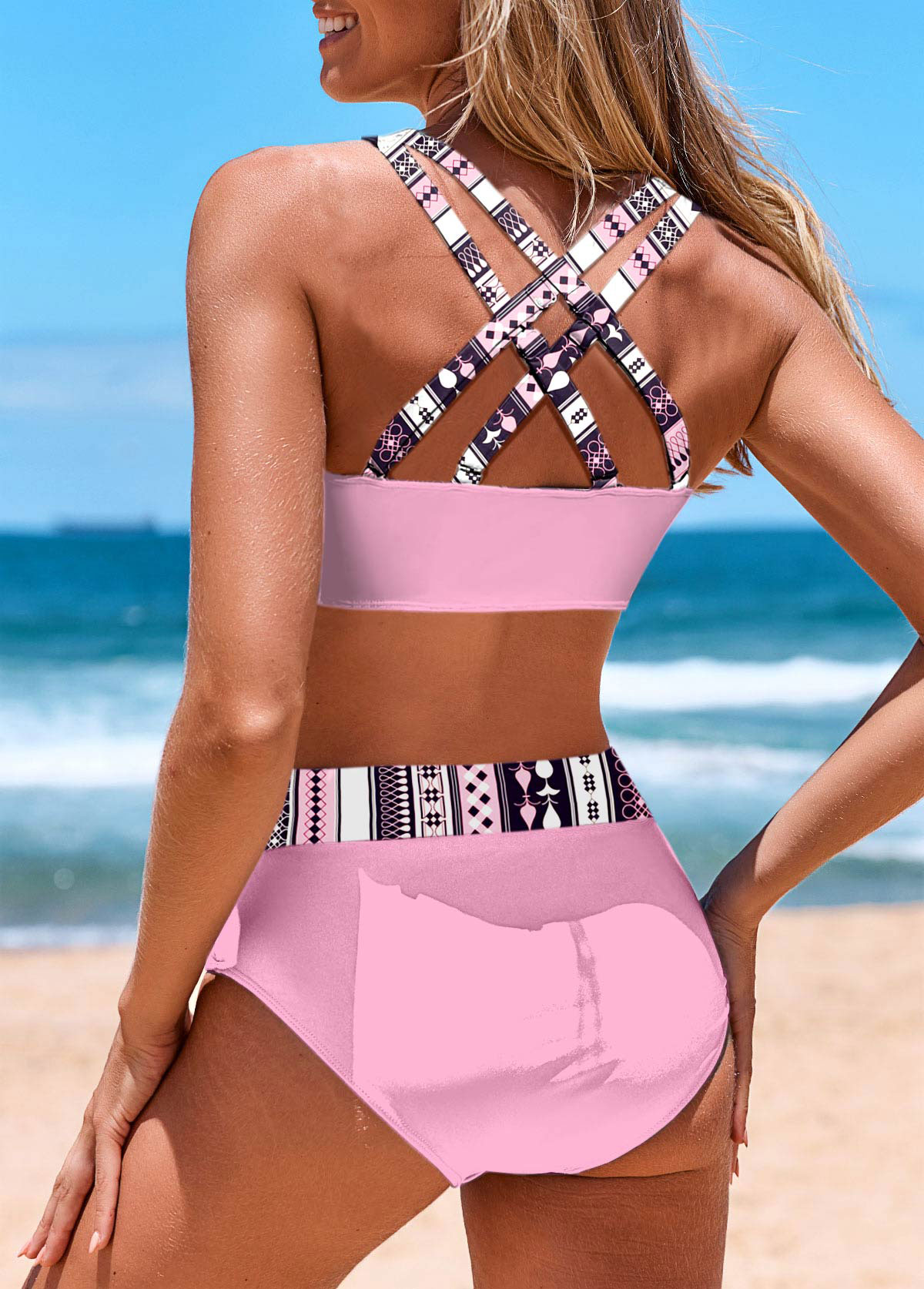 Mid Waisted Striped Patchwork Pink Bikini Set