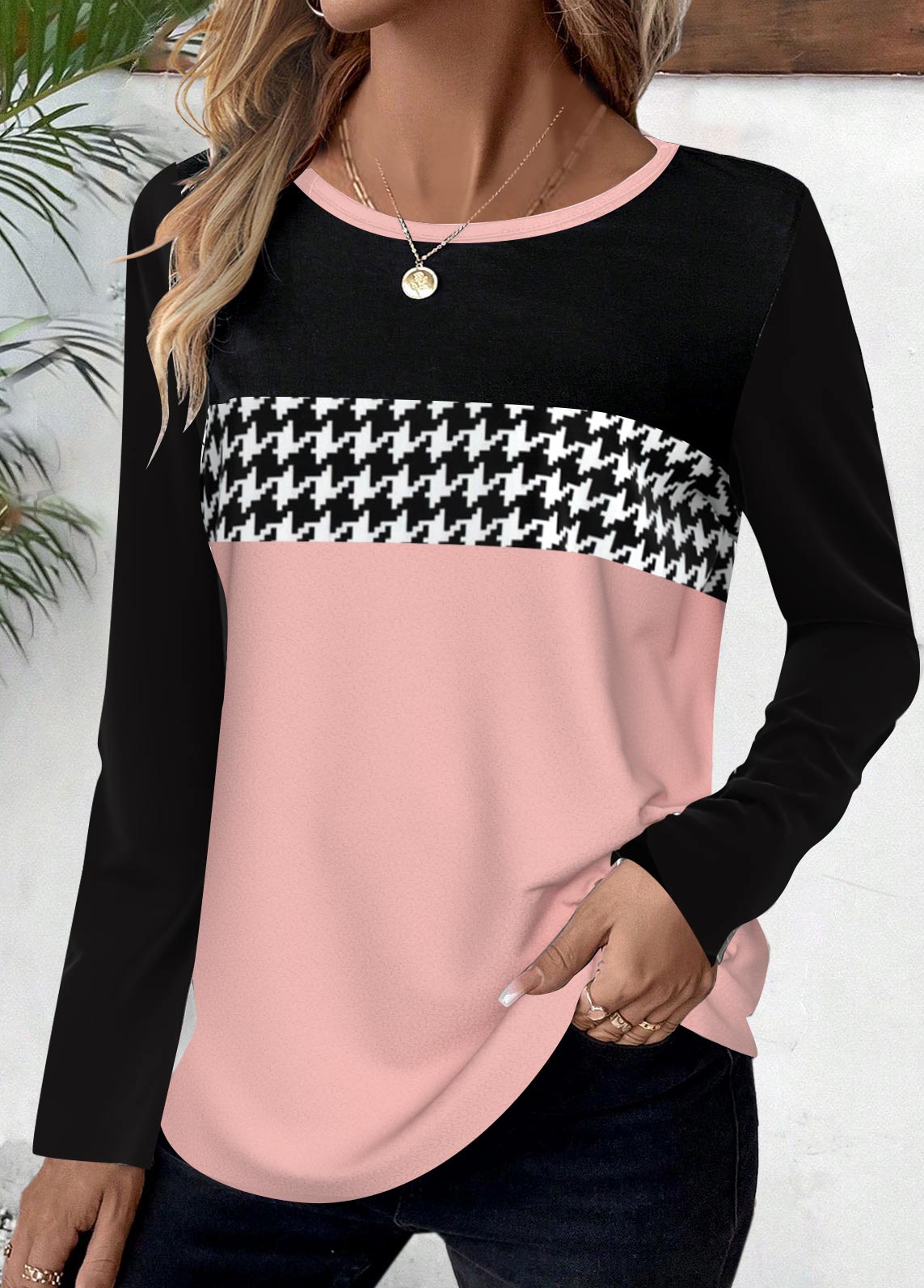 Geometric Print Pink Long Sleeve Round Neck T Shirt