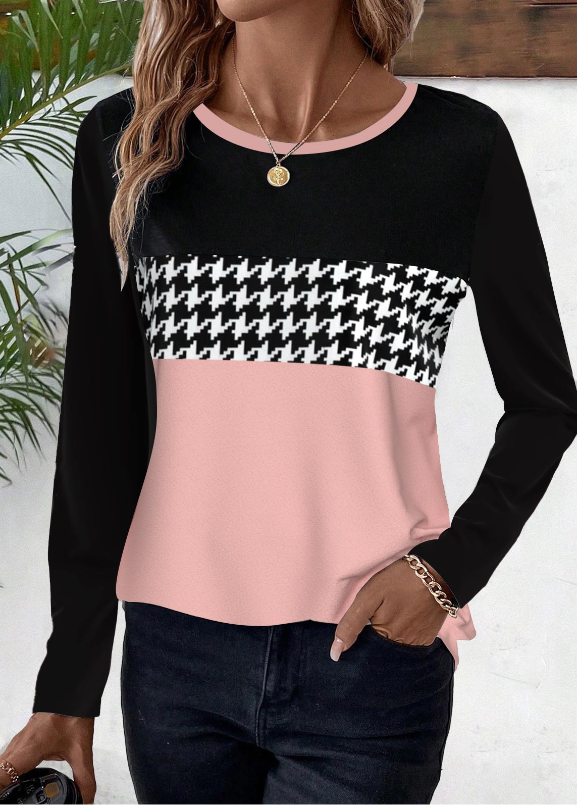 Geometric Print Pink Long Sleeve Round Neck T Shirt