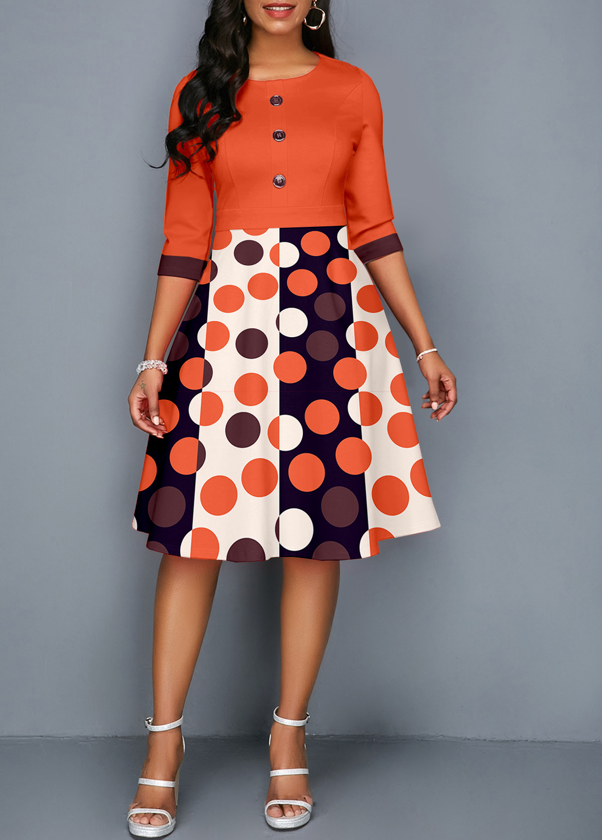 Geometric Print Button Orange Three Quarter Length Sleeve Dress