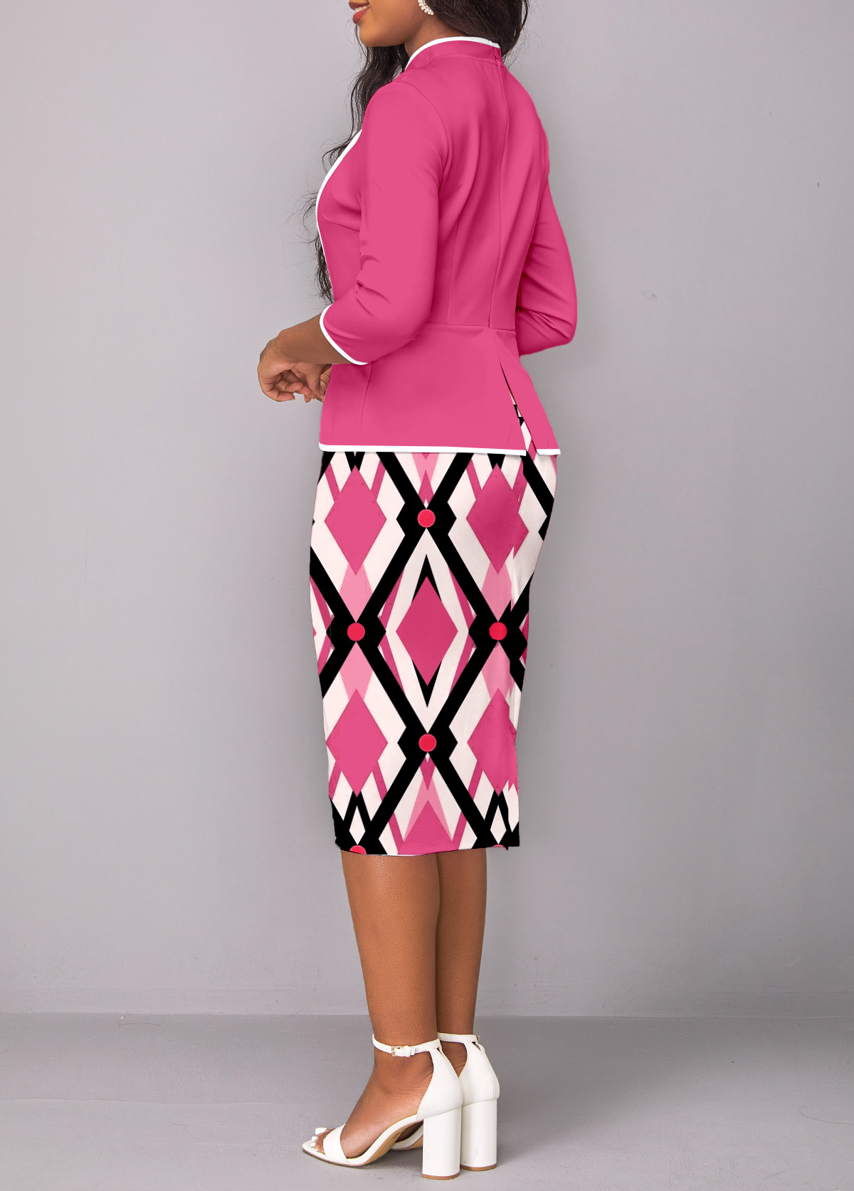 Geometric Print Contrast Binding Pink Bodycon Dress