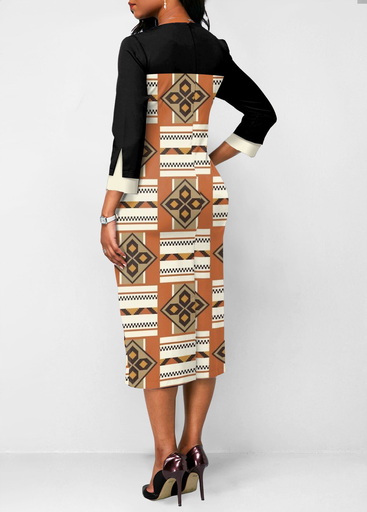 Tribal Print Fake 2in1 Black A Line Dress