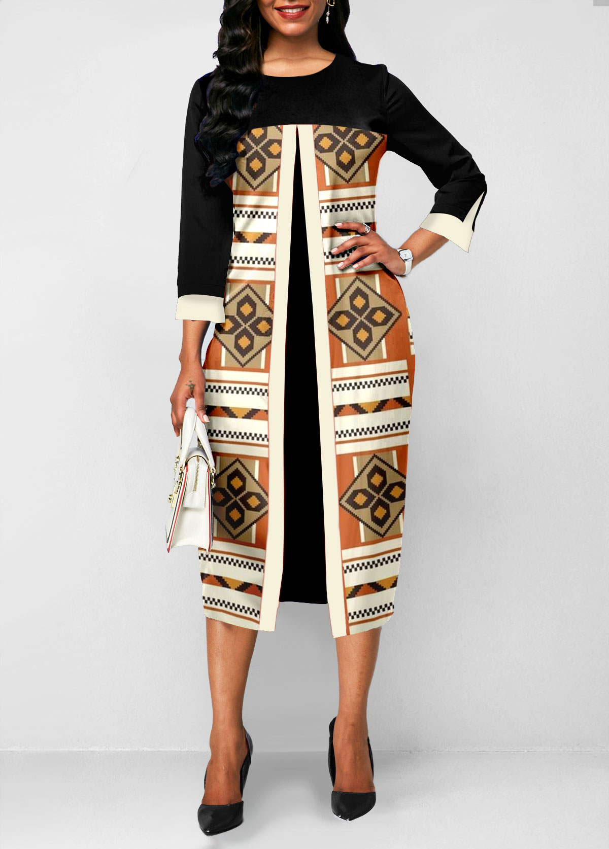 Tribal Print Fake 2in1 Black A Line Dress