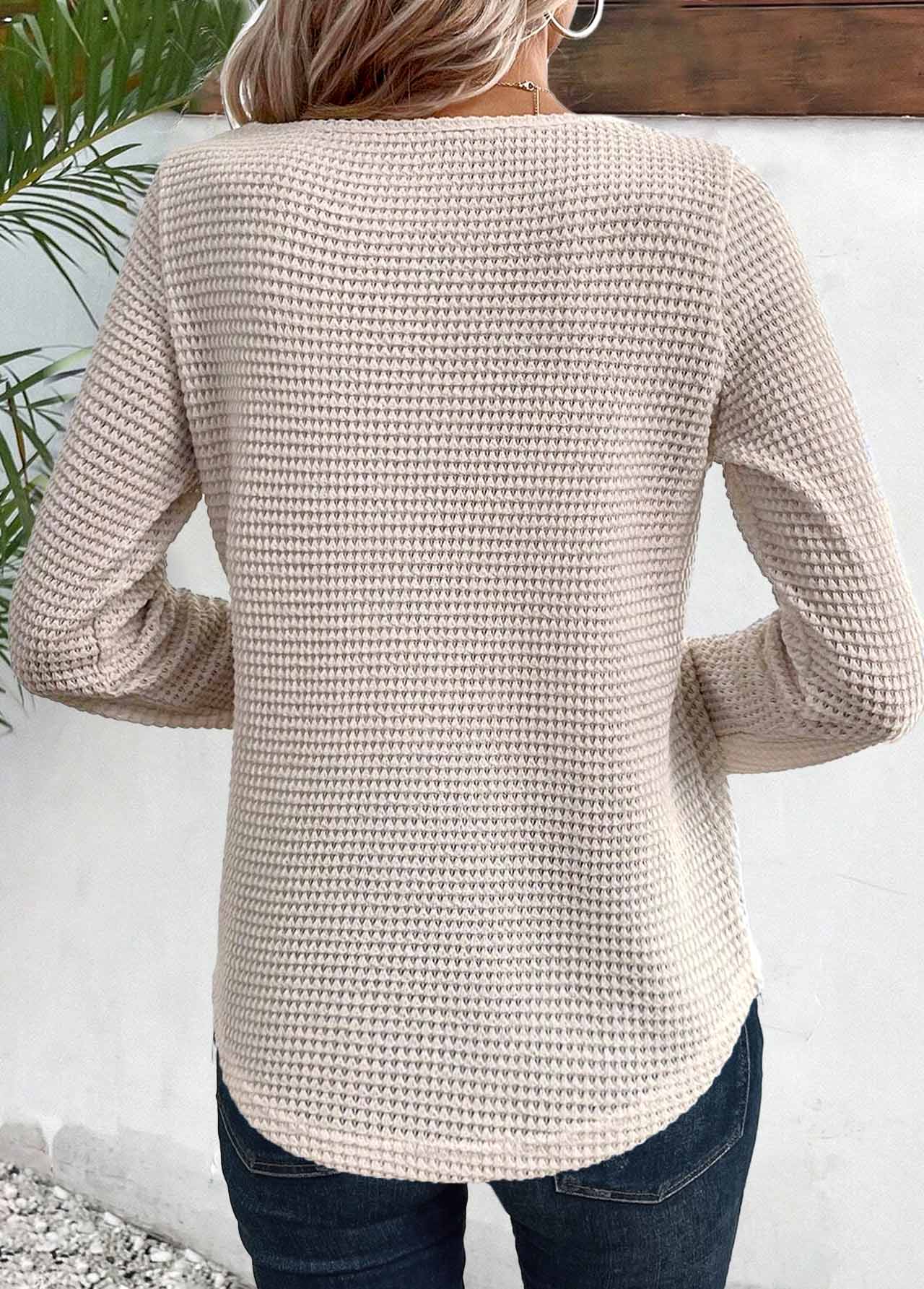 Lace Beige Long Sleeve Round Neck T Shirt