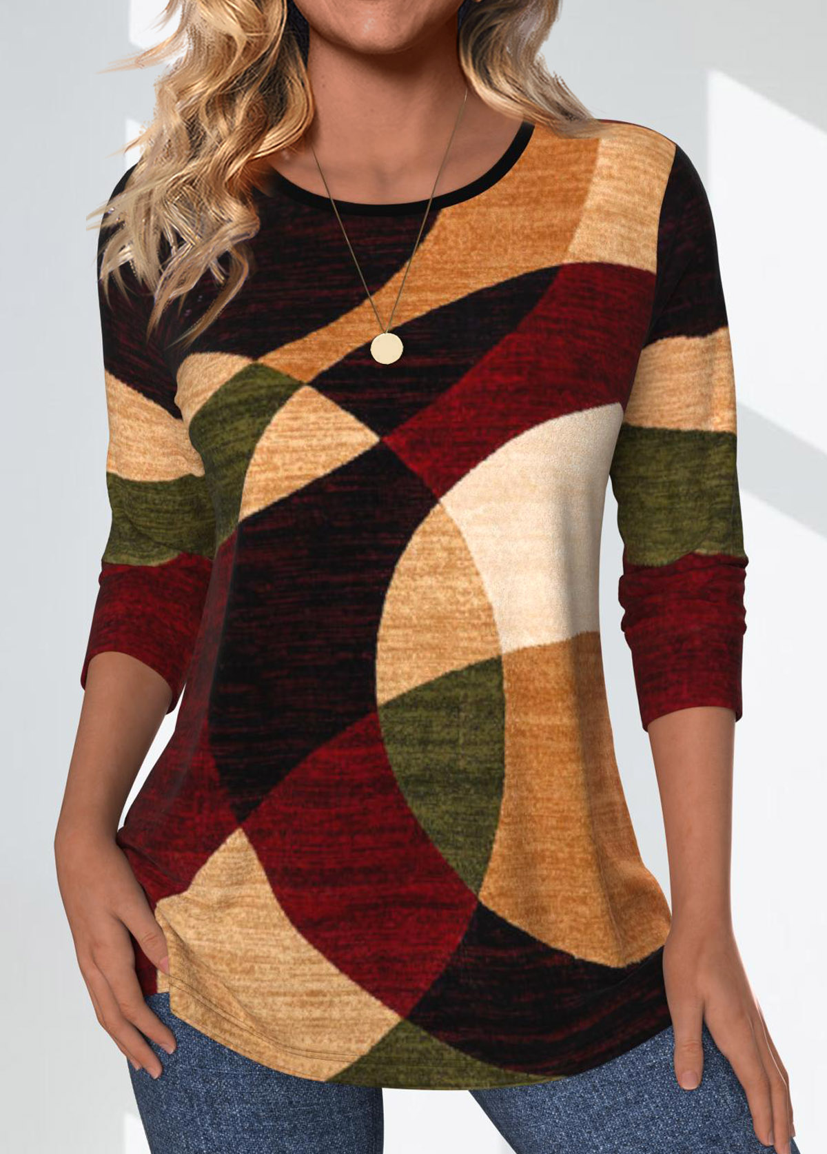 Geometric Print Multi Color Long Sleeve T Shirt