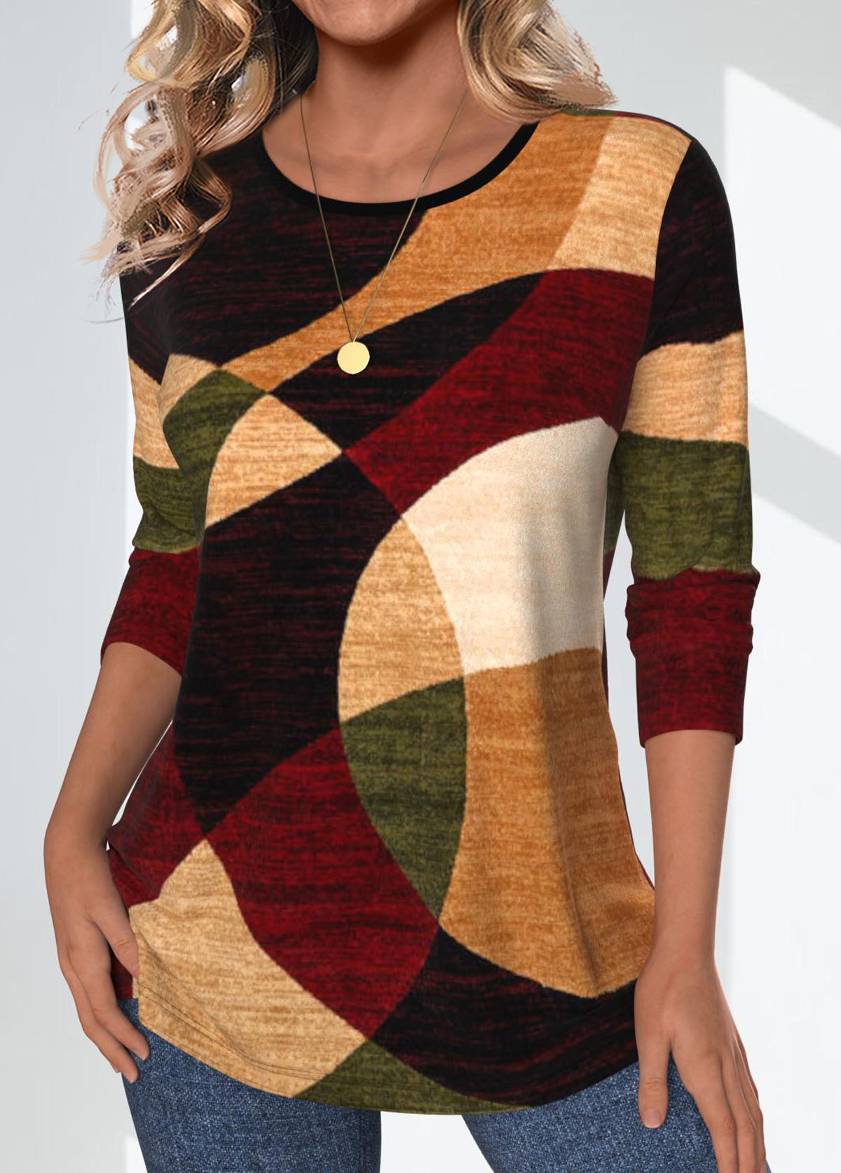 Geometric Print Multi Color Long Sleeve T Shirt