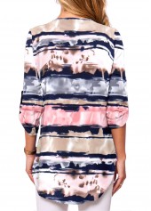 Striped Zipper Multi Color Long Sleeve V Neck Blouse