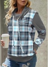 Light Blue Cowl Neck Tartan Print Sweatshirt