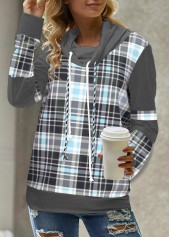 Light Blue Cowl Neck Tartan Print Sweatshirt