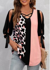 Leopard Criss Cross Pink Half Sleeve V Neck Blouse