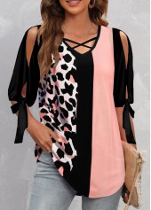 Leopard Criss Cross Pink Half Sleeve V Neck Blouse
