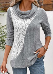 Patchwork Light Grey Long Sleeve Cowl Neck Sweatshirt