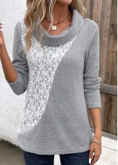 Patchwork Light Grey Long Sleeve Cowl Neck Sweatshirt