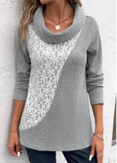 Patchwork Light Grey Long Sleeve Cowl Neck Sweatshirt