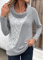 Patchwork Light Grey Long Sleeve Cowl Neck Sweatshirt