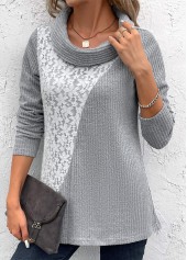 Patchwork Light Grey Long Sleeve Cowl Neck Sweatshirt