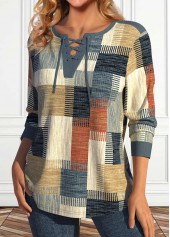 Geometric Print Lace Up Multi Color T Shirt