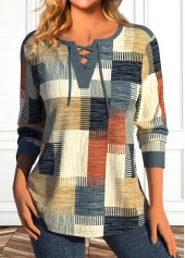 Geometric Print Lace Up Multi Color T Shirt