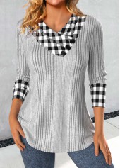 Plaid Patchwork Light Grey Asymmetrical Neck Sweatshirt