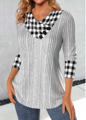 Plaid Patchwork Light Grey Asymmetrical Neck Sweatshirt