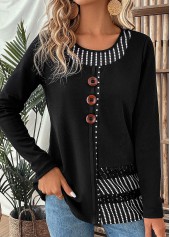 Striped Patchwork Black Long Sleeve Round Neck T Shirt
