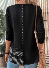 Striped Patchwork Black Long Sleeve Round Neck T Shirt