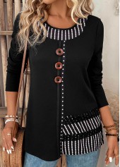 Striped Patchwork Black Long Sleeve Round Neck T Shirt