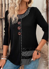 Striped Patchwork Black Long Sleeve Round Neck T Shirt