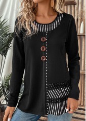 Striped Patchwork Black Long Sleeve Round Neck T Shirt