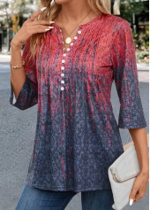 Random Floral Print Tuck Stitch Coral T Shirt