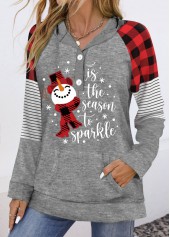 Christmas Print Patchwork Grey Long Sleeve Hoodie
