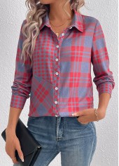 Plaid Button Red Long Sleeve Shirt Collar Blouse