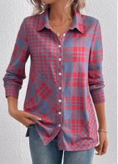 Plaid Button Red Long Sleeve Shirt Collar Blouse
