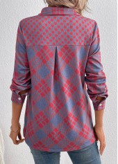 Plaid Button Red Long Sleeve Shirt Collar Blouse