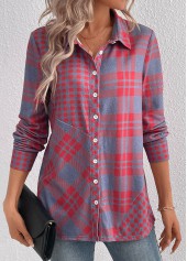 Plaid Button Red Long Sleeve Shirt Collar Blouse